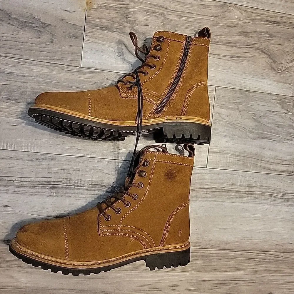 Frye Russell Boots Mens 9.5M‎ Brown Suede Leather Lace-Up Zip Side Stylish NEW